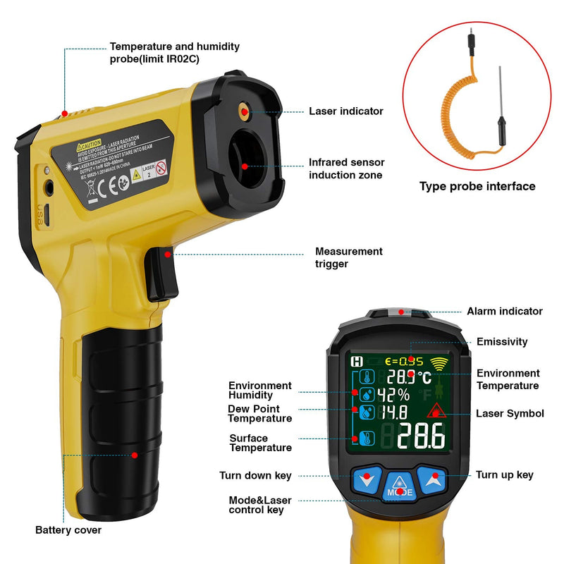 [Australia - AusPower] - MESTEK Digital Infrared Thermometer Pyrometer Laser with K-Probe -50 °C to 800 °C Non-Contact with Colour LCD Alarm Function Adjustable Emission Level Kitchen 