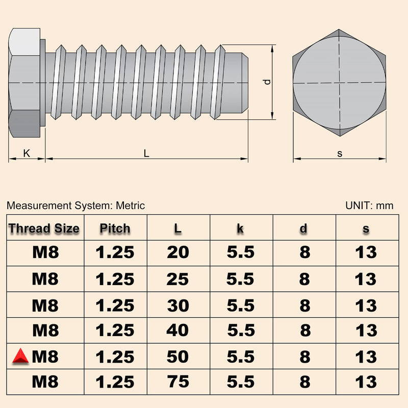 [Australia - AusPower] - 15Pcs M8 Hex Bolts M8x50mm Hex Head Bolts Stainless Steel 304 M8-1.25 Hex Bolt Fully Threaded Hex Tap Bolts Metric Hexagon Head Screw Machine Bolts Right Hand External Hex Drive M8*50mm 