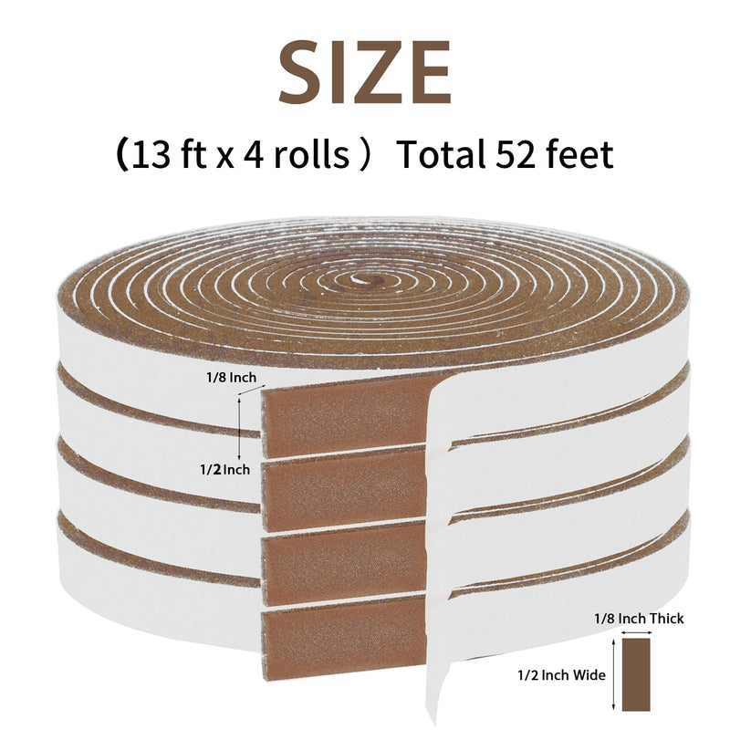 Foam Weather Stripping-4 Rolls, 1/2 Inch Wide X 1/8 Inch Thick Total 52 Feet Long, Brown Foam Insulation Soundproofing Sealing Tape for Doors and Windows(13 ft x 4 Rolls) 1/2"(W) X 1/8"(T) X52'(L)