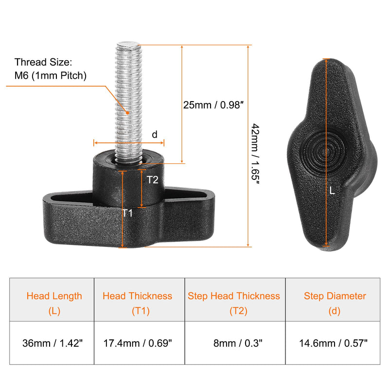 [Australia - AusPower] - HARFINGTON 10pcs Wing Knobs M6 x 25mm Male Thread Plastic Tee Stud Knobs T Threaded Handles Hand Clamping Tightening Thumb Screws Thumbscrew, Black 