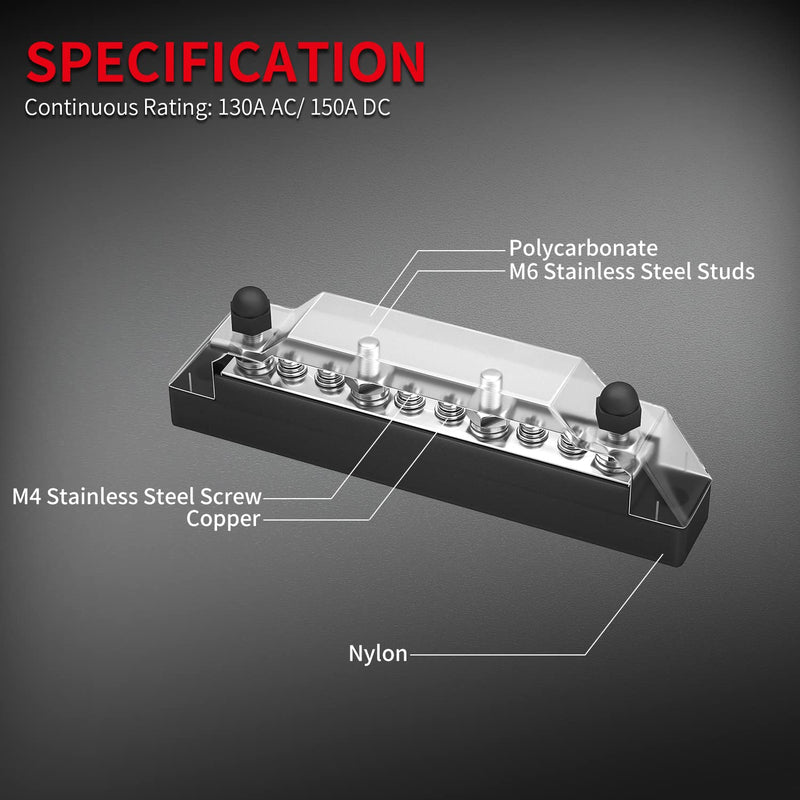 [Australia - AusPower] - DaierTek Power Distribution Block 4 x M6 Terminal Studs, 6 x M4 Terminal Screws Battery Bus Bar for Car Marine Boat (Pair - Positive & Negative) 4xM6 