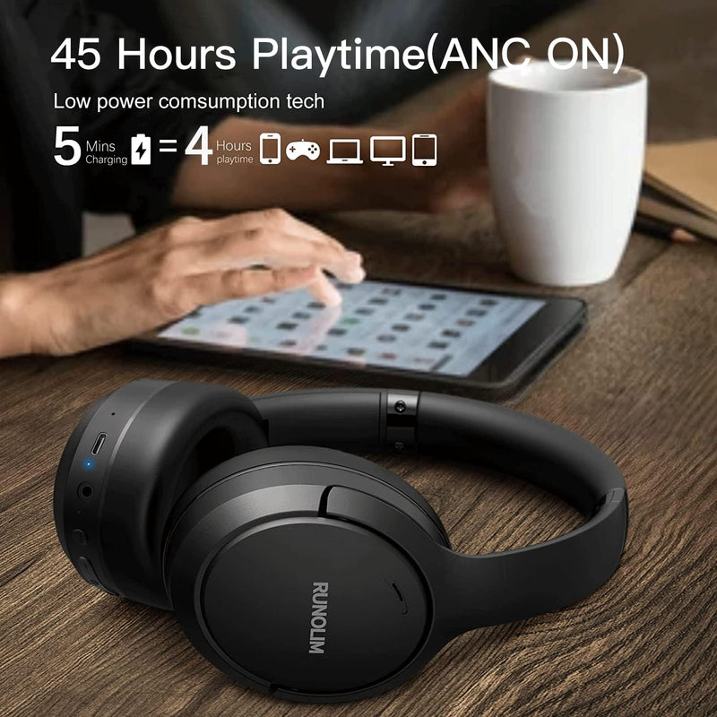 [Australia - AusPower] - RUNOLIM Hybrid Active Noise Cancelling Headphones, Wireless Over Ear Bluetooth Headphones with Microphone, 70H Playtime, Foldable Headphones with HiFi Audio, Deep Bass for Home Travel Office Black 