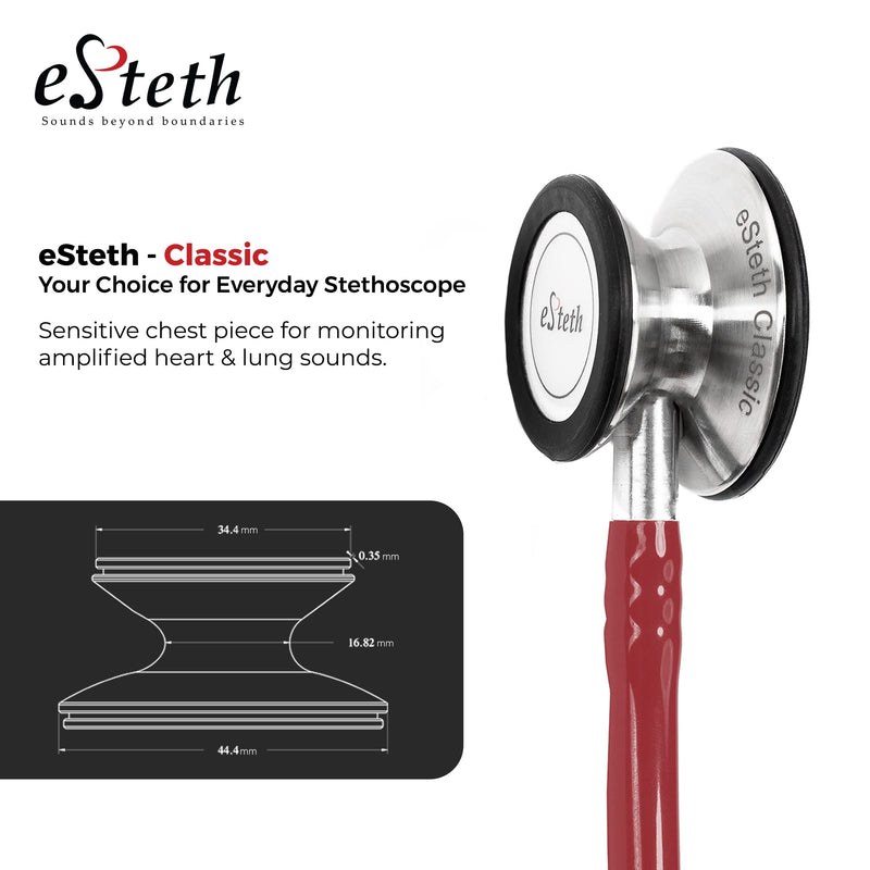 [Australia - AusPower] - eSteth- eSteth Classic Stethoscope - Stainless Steel Chest Piece with Unique Design, Flexible Stethoscope Tubing - Extra Ear Tips & Non-Chill Ring - 32" Long, Cherry Red 