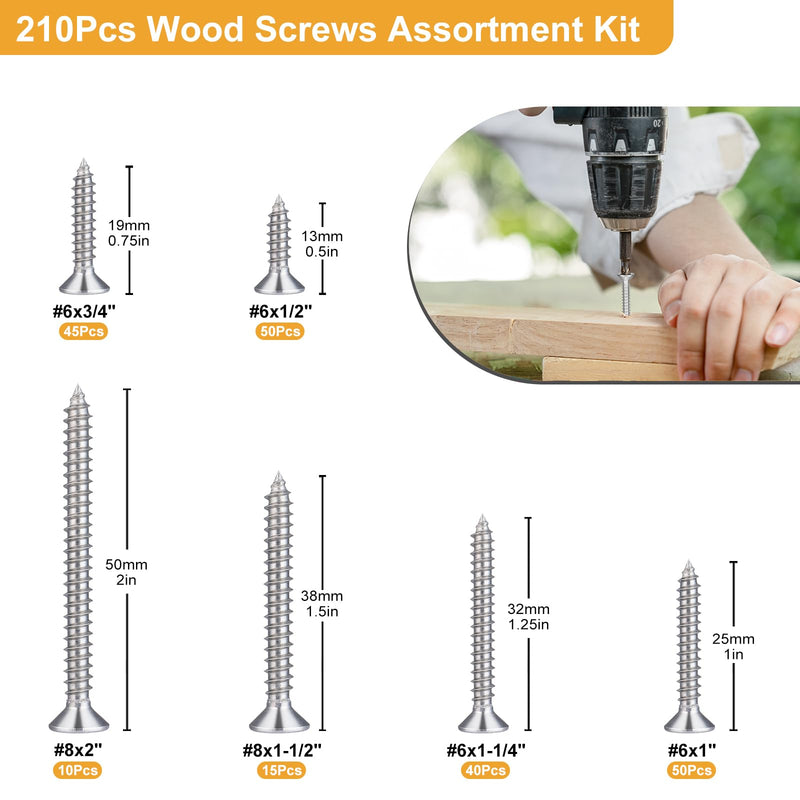 [Australia - AusPower] - 210Pcs Wood Screws Assortment Kit, 304 Stainless Steel Screws, Phillips Drive, Wood Screws, Screws, Screw Set, Assorted Screws, Screws Assortment Kit, 6 Sizes (2”,1-1/2”,1-1/4”,1”,3/4”,1/2”) 