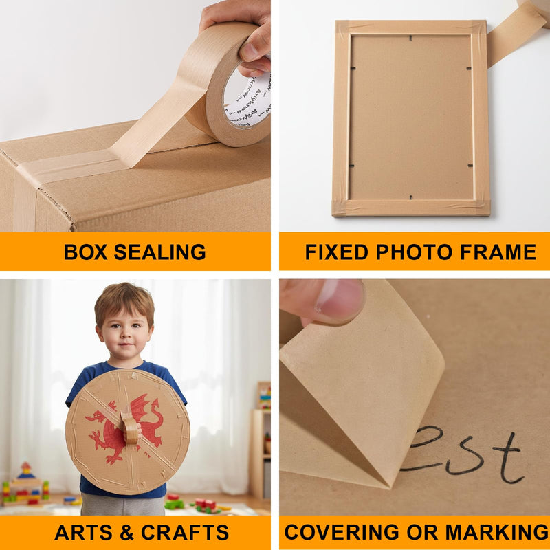Eco Friendly Moving Tape (3 Pack), 2 Inch x 55 Yards, Strong Self-Adhesive Kraft Paper Tape for Boxes, Writable & Hand Tearable, Natural Rubber Brown Shipping Tape, Plastic-Free 3