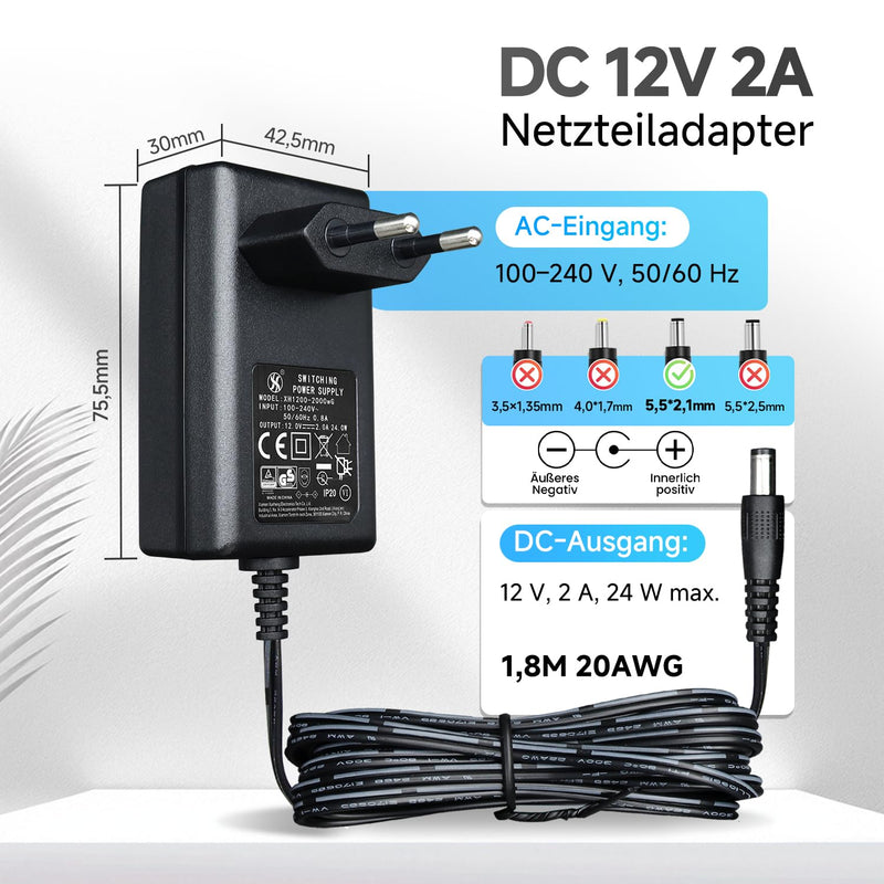 12V 2A Power Supply Adapter, AC to DC 24W 2000mA 1500mA 1000mA 500mA 1.8M 20AWG Power Cord for CCTV Security Cameras, DVRs, LED Strips, Routers, Speakers and Desk Lamps - CE Certified 12V-2A