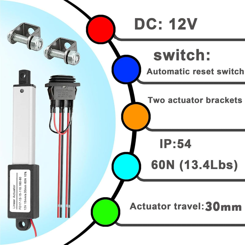 AWINLI 12V 1.2" Stroke Mini Linear Actuator,60N (13.4lbs),Speed 15mm/s Electric Linear Actuator with Waterproof Switch and Mounting Bracket,for Pet Doors,Miniature Equipment(30mm) 12V 30mm actuator mini12V