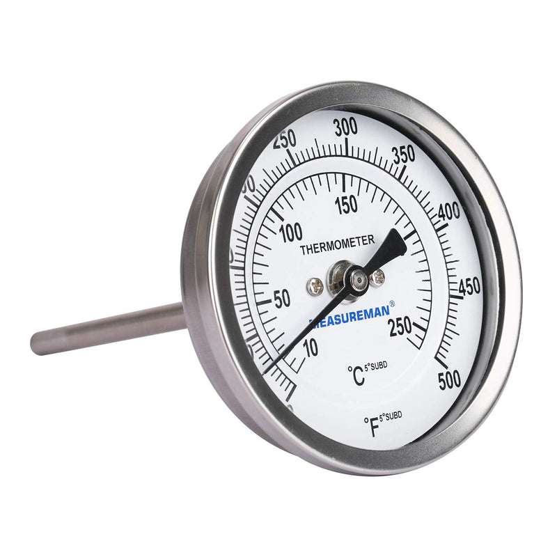 [Australia - AusPower] - Measureman Fully Stainless Steel Bimetal Dial Thermometer, 3" Dial, 4" Stem, 50-500 deg F/10-260 deg C, -1% Accuracy, Adjustable, 1/2" NPT Back Mount 