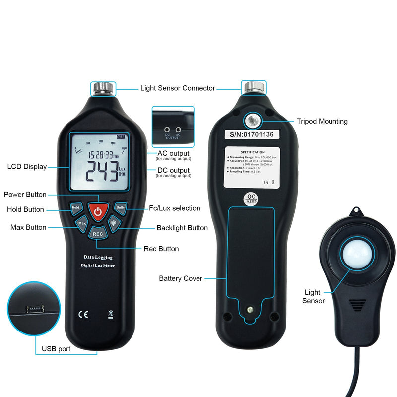[Australia - AusPower] - Digitaler Licht Lux Meter mit Datenprotokollierung. Messbereich 0 bis 200.000 Lux mit Abnehmbaren Sensoren zur Messung der Lichtverschmutzung im Freien und im Haushalt 