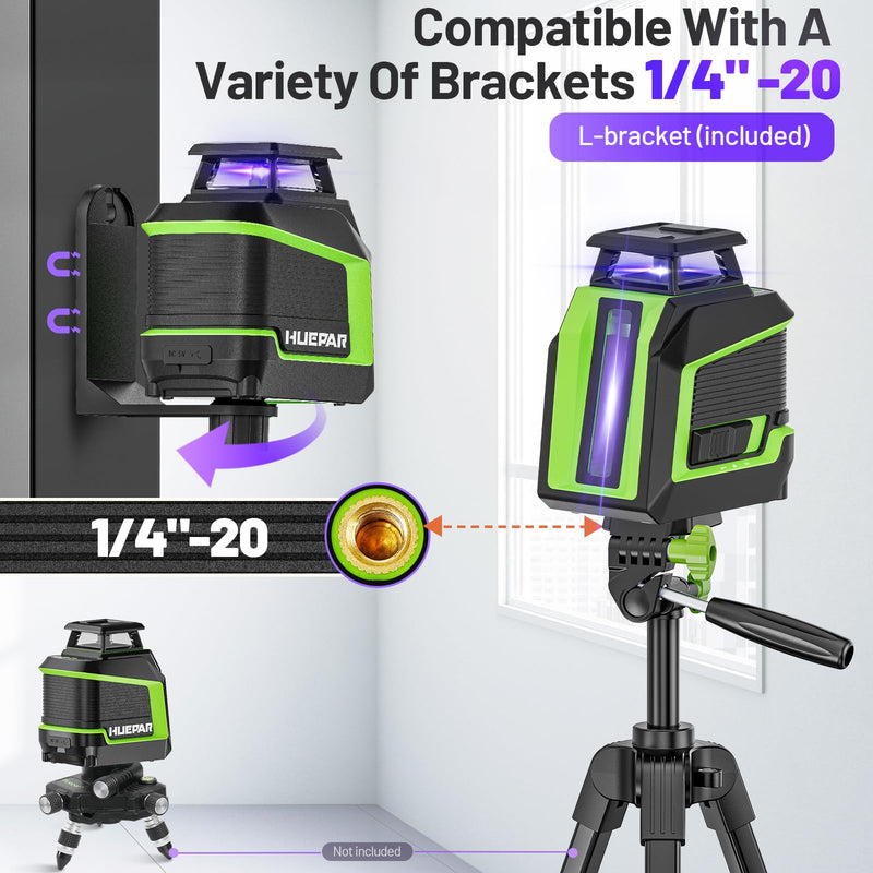 Huepar 360° Laser Level, 82Ft - 165Ft Self Leveling Laser Level with Pulse Mode, 3 Brightness Levels Rechargeable Li-ion Battery Purple Line Laser Leveler Tool for DIY Indoor Project D011c-p