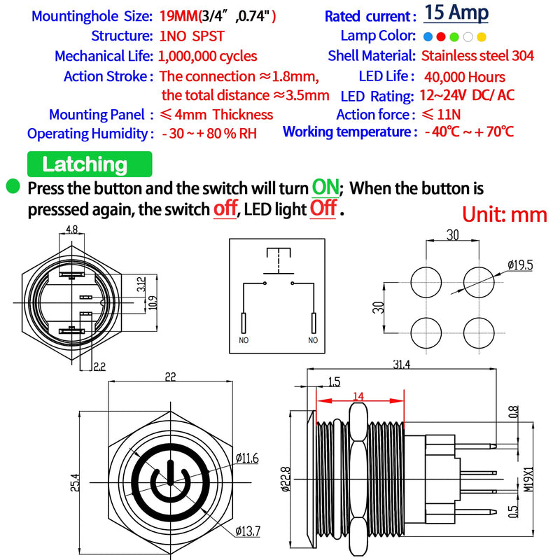 [Australia - AusPower] - 15Amp 19mm Latching Push Button Switch 12V DC 24V Waterproof IP67 Power Button 1NO SPST Power Button Blue Led Metal Self-Locking On Off 3/4inch with Wire Socket 15 Amp Latching, 12/24V DC 