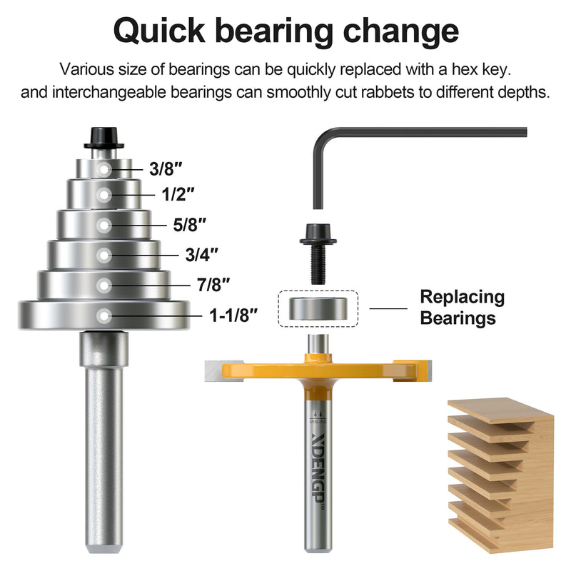 Rabbet Router Bit Set 1/4 Shank, Rabbeting Router Bits 1pcs with 6 Bearings for Interchangeable and Adjustable Multi Depths Cutter 1/8", 1/4", 5/16", 3/8", 7/16", 1/2" 1/4 Inch Shank 1-Piece Set 2" Dia - 3/16" CL