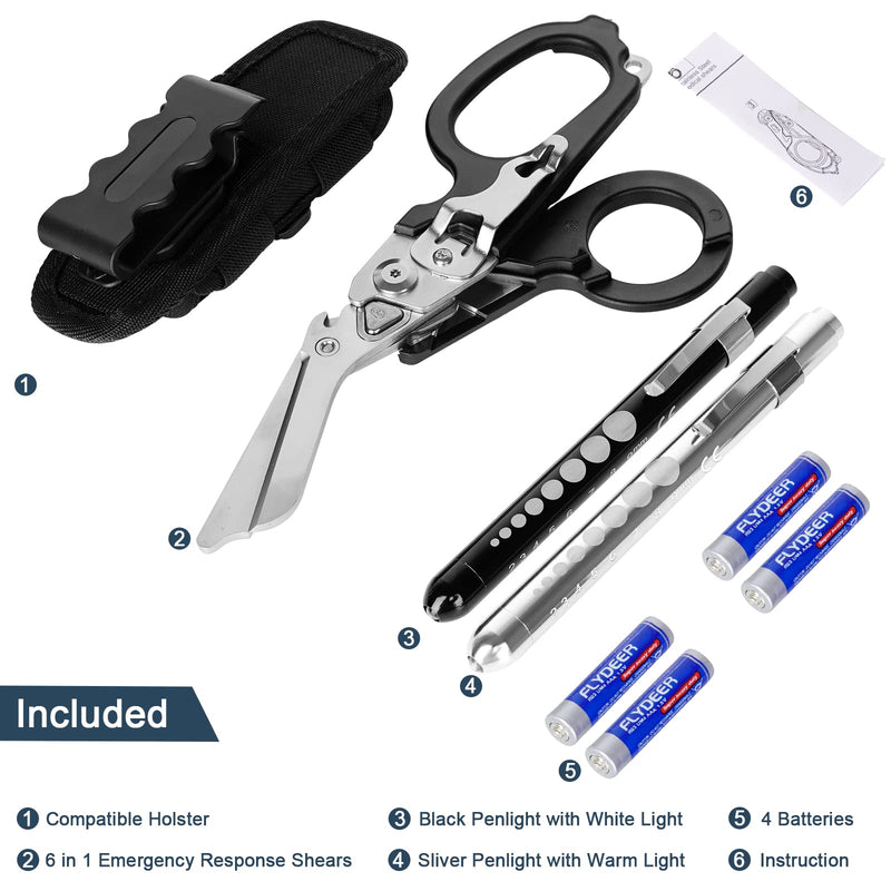 [Australia - AusPower] - 6 In1 Multifunction Emergency Response Shears, Stainless Steel Foldable Trauma Shears with Strap Cutter and Glass Breaker,Medical Scissors with Holster and Penlight 