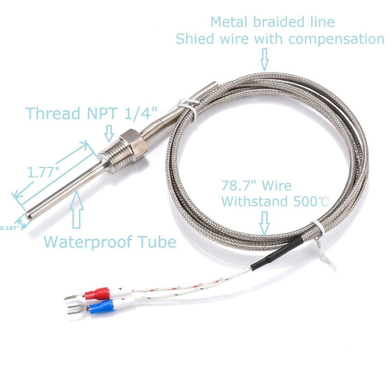 [Australia - AusPower] - Waterproof K Type Grounded Thermocouple - Jaybva Temperature Sensor Probe for PID Temperature Controller Two Wire Stainless Steel NPT 1/4 inch Pipe Thread 0~500? with 2m Insulation Lead Shield Wire 1/4" K Type 