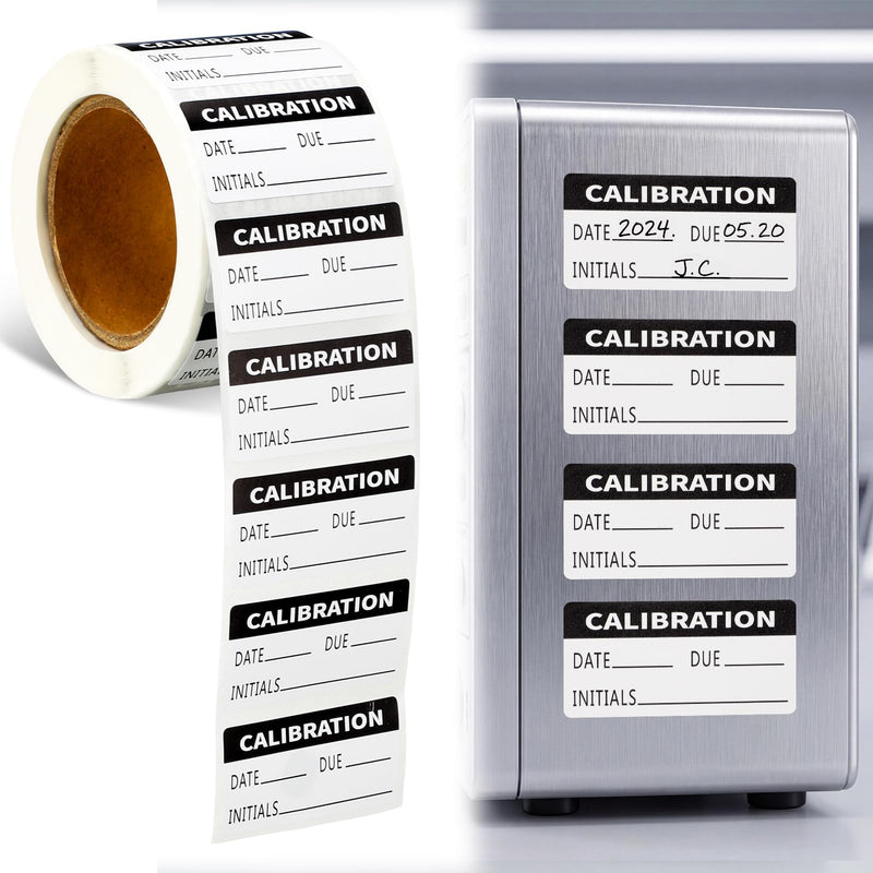 500 PCS Black and White Calibration Labels - 3/4 x 1 1/2 Inch Adhesive Calibration Stickers with Date, Due, Inspector Initials for Manufacturing Laboratories Warehouses