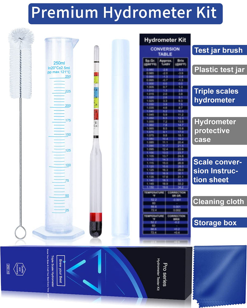 Hydrometer Test Kit, Triple Scale Alcohol Tester Hydrometer for Wine, Beer, Kombucha & Mead, Wine Making Kit, (ABV Tester, Brix, Specific Gravity Hydrometer) + Hydrometer Test Jar for Home Brewing Kit Hydrometer with Plastic Test Jar