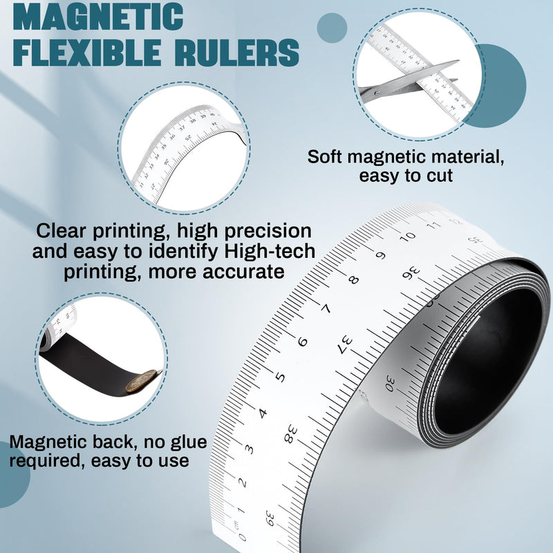 Relaxweex 4 Pcs 39.37 Inch Magnetic Ruler Flexible Tape Magnetic Tape Measure with Both Inches and Centimeters, Suitable for Classroom Whiteboard, Lathes, Workshops, Mills, Easy to Take (White) White