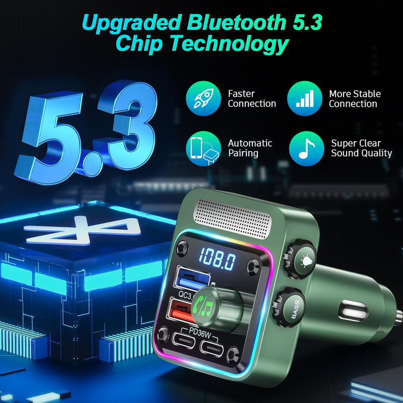 [Australia - AusPower] - Bluetooth 5.3 FM Transmitter Car Adapter - SONRU Car Charger 54W [PD 36W & QC3.0 18W], Wireless FM Radio Transmitter [HiFi Treble & Bass Player], 5 Colors LED Backlit, Hands-Free Calling, U-Disk FT1018-US 