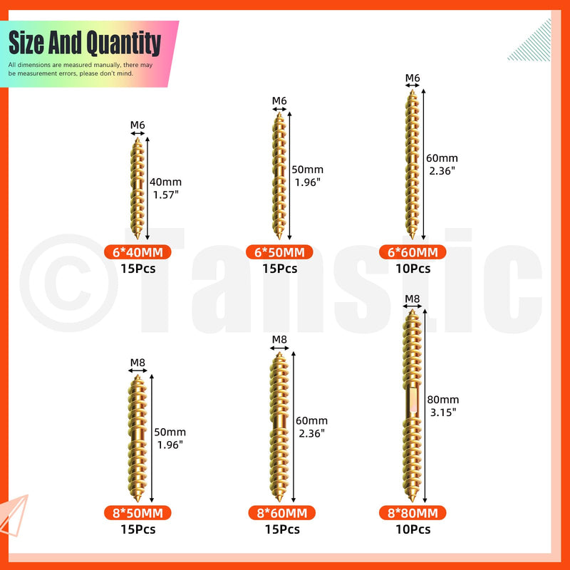 [Australia - AusPower] - Tanstic 80Pcs M6 M8 Hanger Bolts Double Ended Bolts Self-Tapping Screw Wood Dowel Screw for Wood Furniture(Color Zinc) M6, M8 Gold 