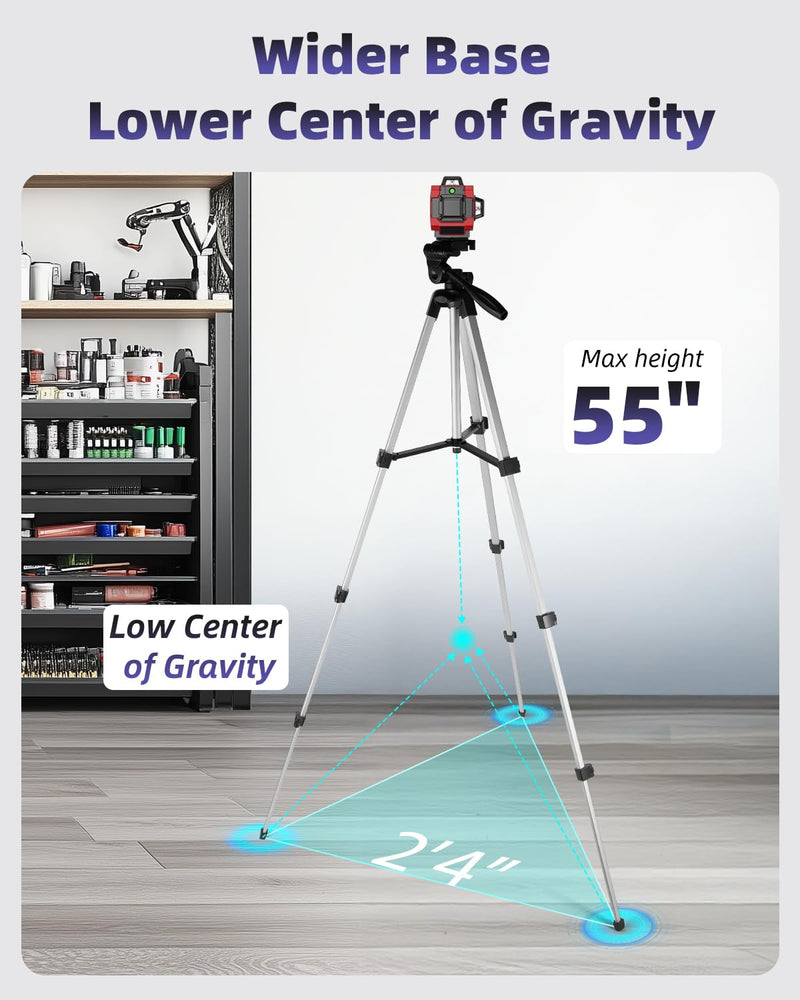 [Australia - AusPower] - 55 inch Aluminum Laser Level Tripod with Green Bubble Level, Lightweight Quick Release Plate, 1/4"-20 Screw, 3D Pan Head for Laser Line Leveling, Silver Silver 55" 