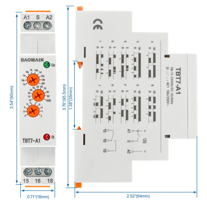 BAOMAIN Multifunction Timer Relay 12-240VAC/DC 16A 10 Functions 1 SPDT Time Relay for DIN Rail Mounting TBT7-A1