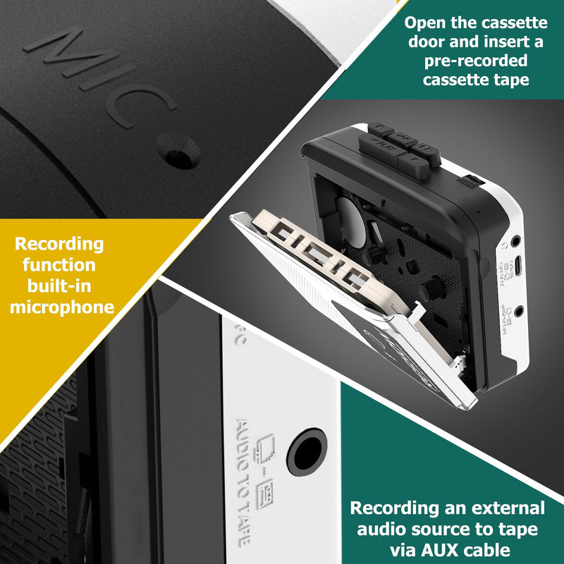 [Australia - AusPower] - Reshow Portable Cassette Player with Built-in Speaker and Headphone Jack, USB C Cassette to MP3 Converter, Reverse Recording to Tape, Walkman Cassette Recorder, Full Stereo Sound-White White 