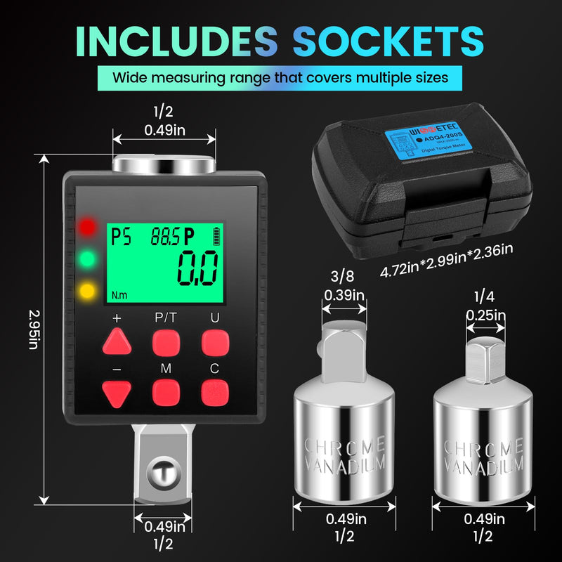 [Australia - AusPower] - Digital Torque Adapter 1/2 Inch, 3.4 - 340 Nm Torque Digital Adapter, Accuracy ± 1% with Preset, Memory, Buzzer, LCD Display, 1/4 Inch 3/8 Inch Adapter for Car, Motorcycle, Bicycle 