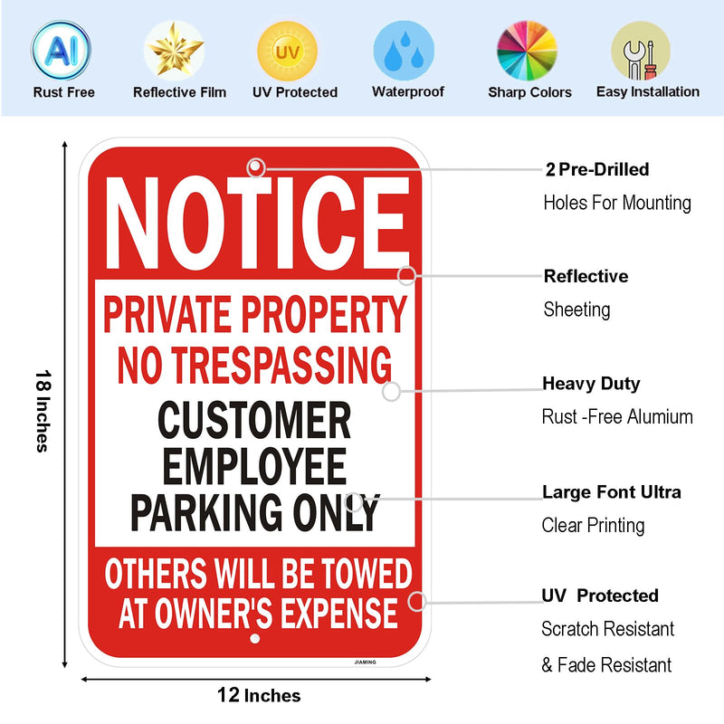 2 Pack Notice Private Property No Trespassing Customer/Employee Parking Only Signs. 18 x 12 Inch Others Towed Warning Sign. Customer Parking Reflective Rust Free Aluminum, Weatherproof & UV Protected