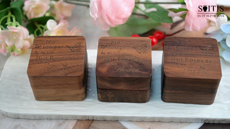 SOITIS Wooden Gift Box for Ashes, Small Urns for Human Ashes Keepsake, 1.57 Inches Stainless Steel Mini Urns for Ash, Cremation Urns for Women Men, Funeral Burial Holder Square+butterfly