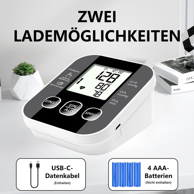 Upper Arm Blood Pressure Monitor with Large LCD Display, Intelligent Automatic Blood Pressure Monitor with Voice Output, Adjustable Cuff (22-36 cm), 2 x 99 Memory, for Home Use
