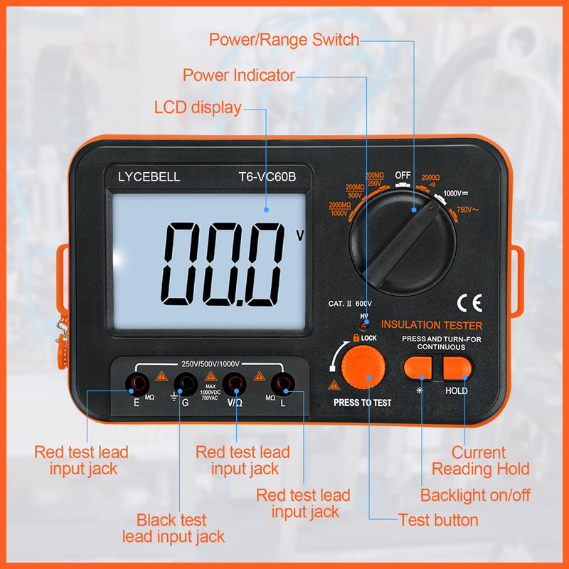 [Australia - AusPower] - LYCEBELL Digital Insulation Resistance Tester LC-VC60B Megohmmeter 0.1~200 MΩ Insulation Tester with Backlight Display, DC 250V/500V/1000V, AC 750V Test Voltage with Sound Light Alarm Function 