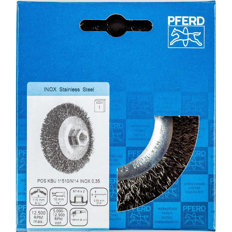 PFERD Tools 43316023 Taper Brush Untwisted KBU | Diameter 115 x 10 mm M14 Stainless Steel Wire Diameter 0.35 | 43316023 - for Angle Grinders Taper brush with thread M14 Ø 115 Unbraided; trimming material stainless steel 0.35 mm
