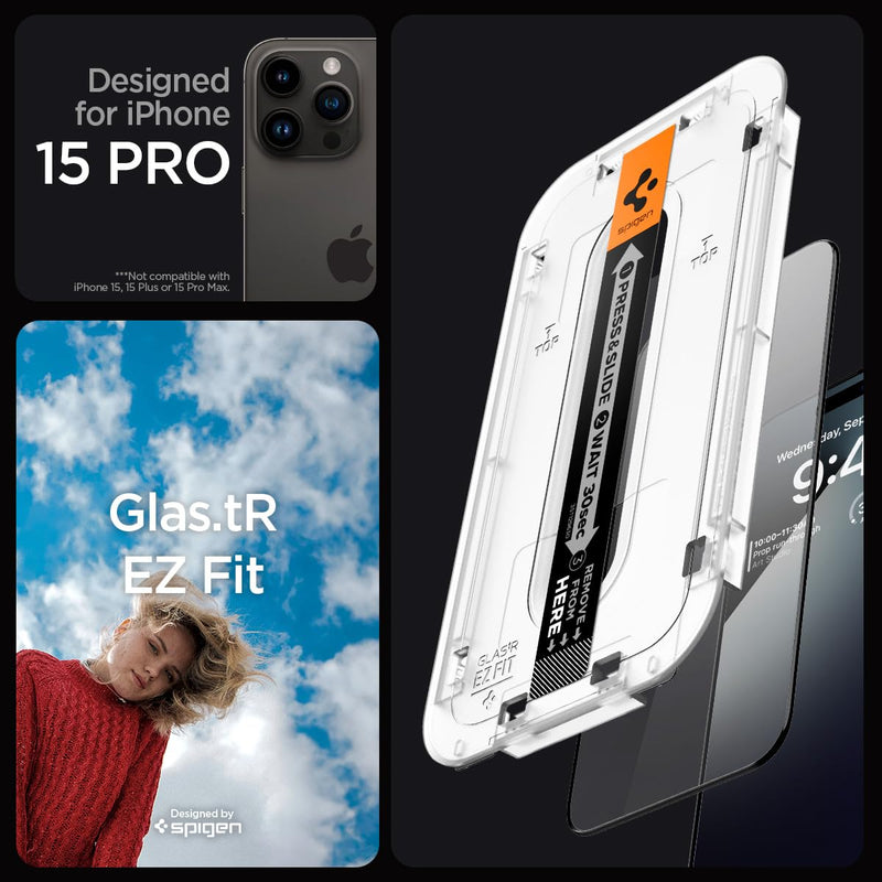 [Australia - AusPower] - Spigen Tempered Glass Screen Protector [GlasTR EZ FIT] designed for iPhone 15 Pro [Case Friendly] - 2 Pack 