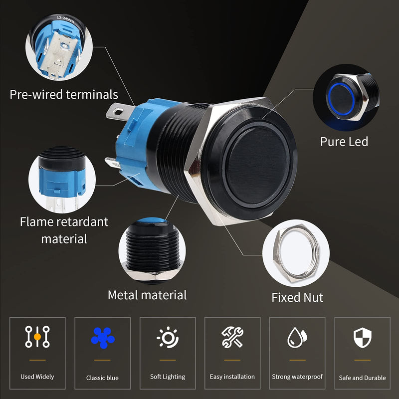[Australia - AusPower] - STARELO 5pcs 16mm Latching led Push Button Switch Black Shell, IP65 Waterproof Push Button Switch,1NO 1 NC with Wire Socket Plug,Self-Locking with LED(Blue). 16mm Black Shell/ Ring LED 