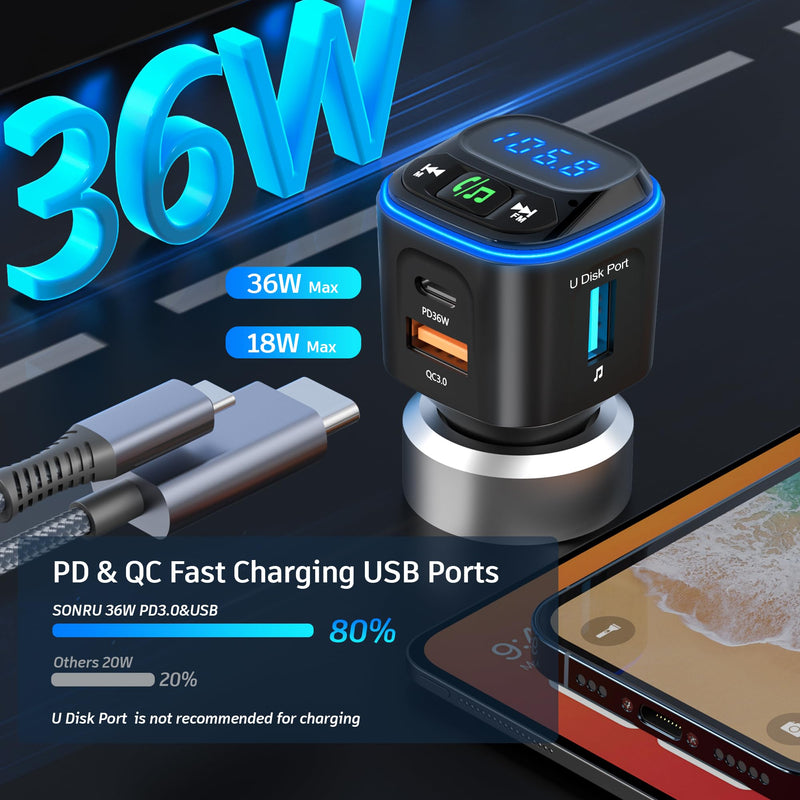 [Australia - AusPower] - Bluetooth 5.3 FM Transmitter Car Adapter [PD36W & QC18W] [Fast Charging] Wireless Radio Adapter HiFi Bass Sound Hands-Free Calling LED Display with Light Switch Support Bluetooth/U Disk/TF Card FT1017-US 