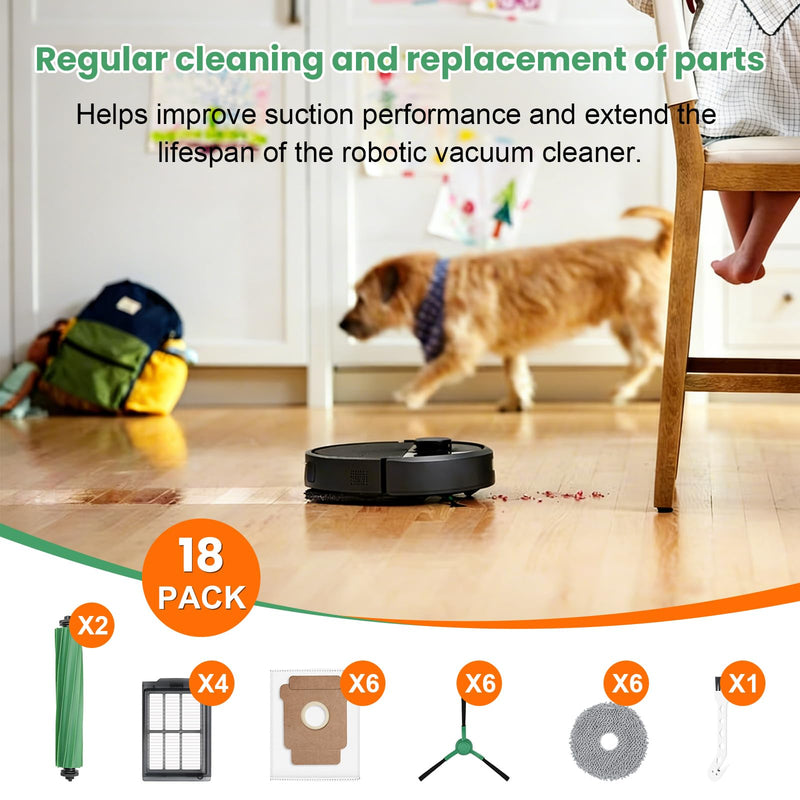 [Australia - AusPower] - 18 Pcs Replacement Parts for iRobot Roomba Plus 405 Combo / 505 Combo / 507 Combo Robot Vacuum Cleaner, Include 1 Main Brush, 4 Dust Bags, 4 Mop Pads, 4 Filters, 4 Side Brushes and 1 Cleaning Tool 18PCS for iRobot 405 Combo 
