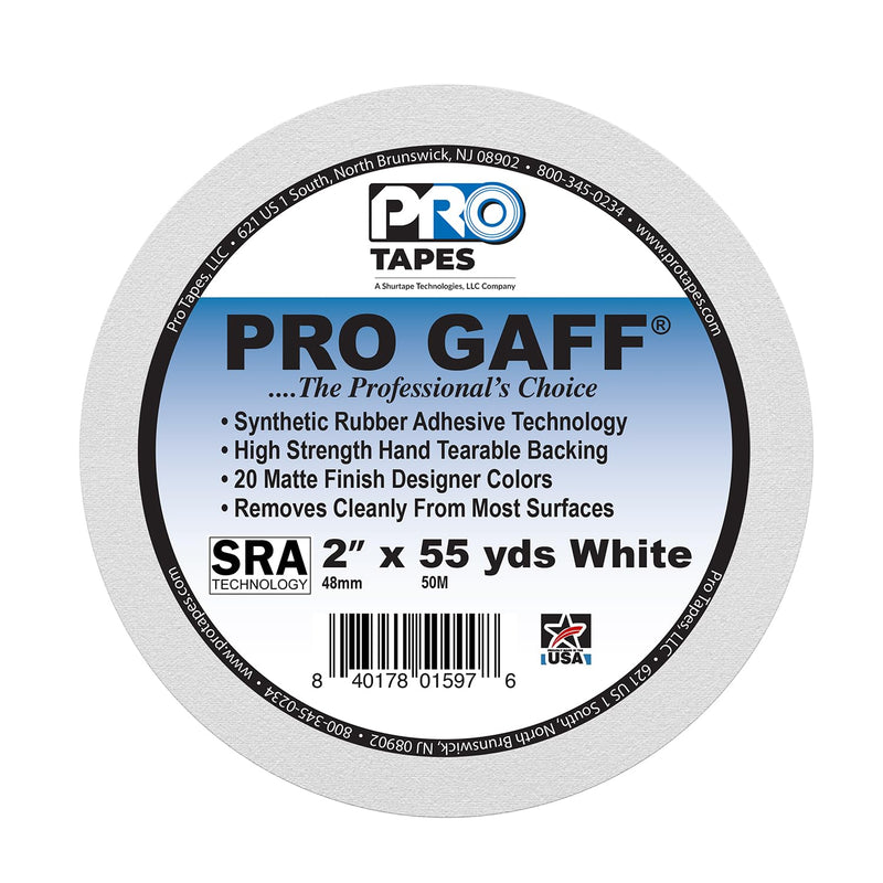 ProTapes Pro Gaff Premium Matte Cloth Gaffer's Tape With Rubber Adhesive, 11 mils Thick, 55 yds Length, 2" Width, White (Pack of 1)
