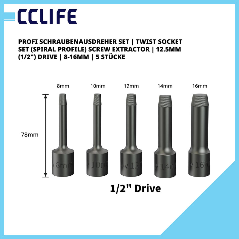 CCLIFE Bolt Extractor Set 5-Piece 1/2 Inch 8-16 mm with Left Thread | Spiral profile for fixed screws, bolts and nuts, ideal for automotive workshop and repair Bolzenausdreher Set 1/2", 5tlg