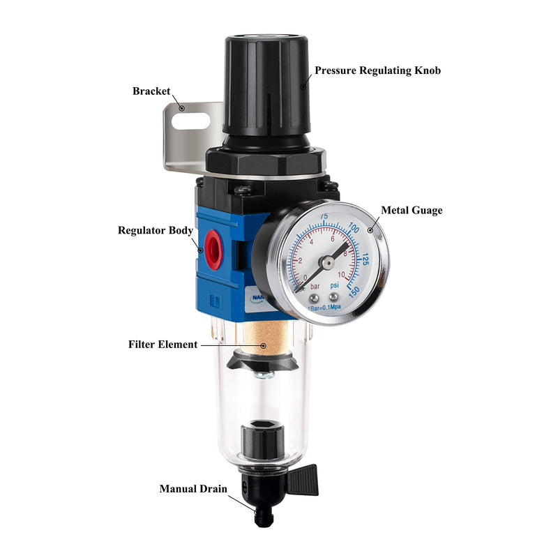 [Australia - AusPower] - NANPU 1/4" NPT Compressed Air Filter Regulator Combo Piggyback, 5 Micron Brass Element, Poly Bowl, Manual Drain, Metal Bracket, 0-150 psi Gauge - AW2000-02M 