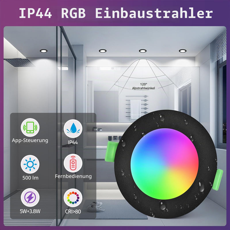 YindaLux 5 W LED Recessed Spotlight, 230 V RGB, Pack of 6 LED Spotlights, Warm to Cool White, 2700 K - 6500 K, Dimmable Control with App and Remote Control, Drill Hole 65-80 mm, IP44 Bluetooth | 5W 500LM Deckenspots IP44 Möbeleinbauleuchte mit App & Fe...