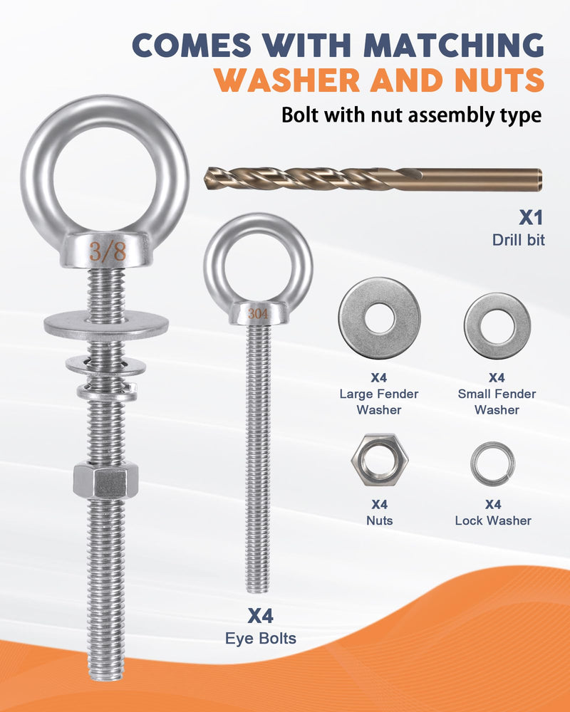 [Australia - AusPower] - Eye Bolt with Nuts 3/8'' x 4'' (4 Pack), Imperial, Heavy Duty Stainless Steel 3/8-16 Long Eye Bolts, Bonus Drill Bit Included 