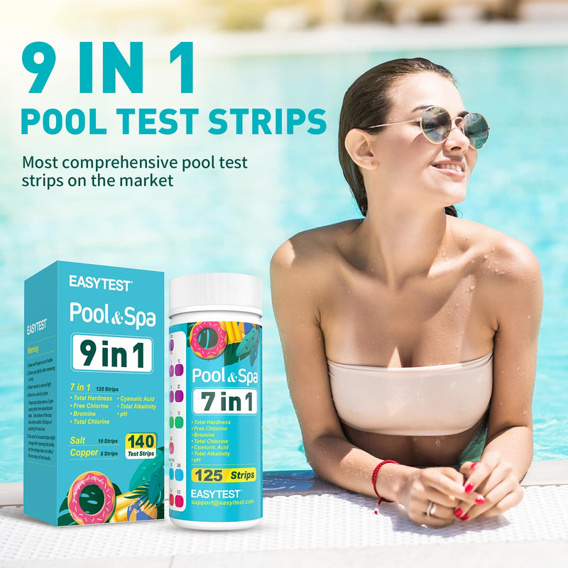 [Australia - AusPower] - EASYTEST 9-Way Pool Test Strips, 140 Strips for Hot tub and Spa, Accurate Testing pH, Total Chlorine, Free Chlorine, Bromine, Alkalinity, Total Hardness, Cyanuric Acid, Salt and Copper 9 IN 1 POOL TEST STRIPS 