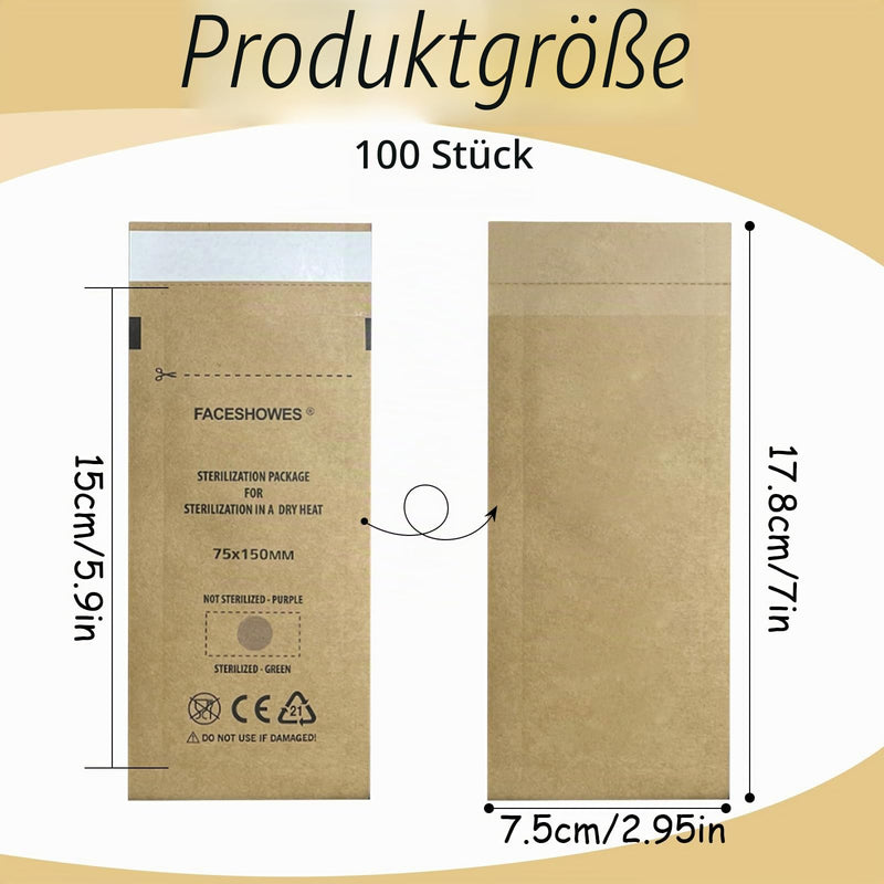 100pcs Sterilizer Kraft Paper Sterilizer for Instruments | Self-adhesive disposable sterilisation bag, self-sealing sterilisation bag for cosmetics and nail tools, 75 x 150 mm