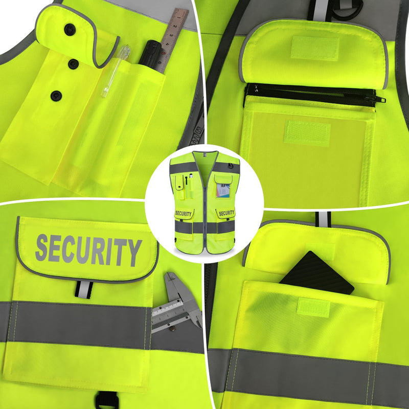 TCCFCCT Security Vest for Security Guard 9 Pockets High Visibility Reflective Safety Vest for Men Women, Durable Hi Vis Vest with Reinforced Sewing, Meets ANSI/ISEA, (G100S-Yellow, L) Fabric Yellow-bison 08 Large