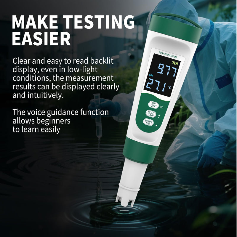 [Australia - AusPower] - 5-in-1 Digital PH Meter, with Voice Function, PH/TDS/EC/Temp/Salt Pool Salt Tester, Waterproof & Rechargeable Pen Meter for Swimming Pools, Fish Tank, Aquariums & Hydroponics 