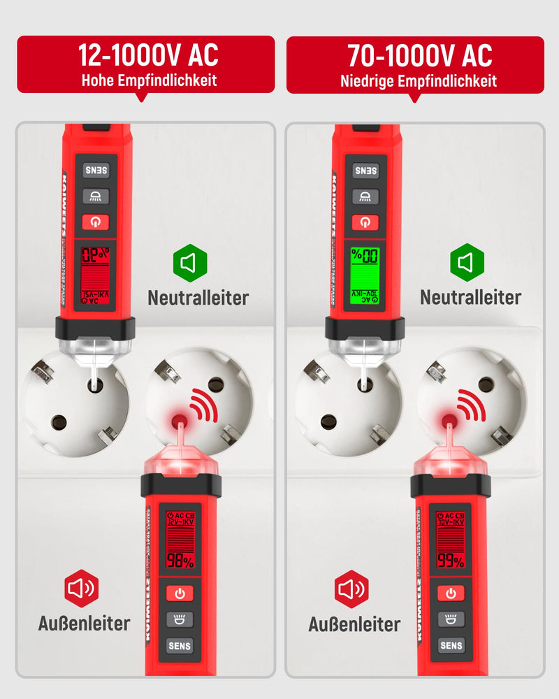 KAIWEETS Non-Contact NCV Voltage Tester, Dual Range Phase Tester 12V/70-1000V AC, LCD Bar & Percentage Display, Buzzer, Conductor/Neutral Conductor Detection, CAT IV 1000V red