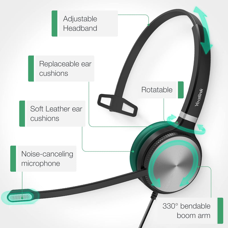 [Australia - AusPower] - Yealink Phone Headsets for Office Phones YHS36 QD to RJ9 Wired Headset Compatible with Poly Snom Grandstream Phones Desk Landline VoIP Headset with Microphone -Mono/124g/2.1m Cable Leather Ear Cushions - Mono Compatible with Yealink|Poly|SNOM|Grandstream 