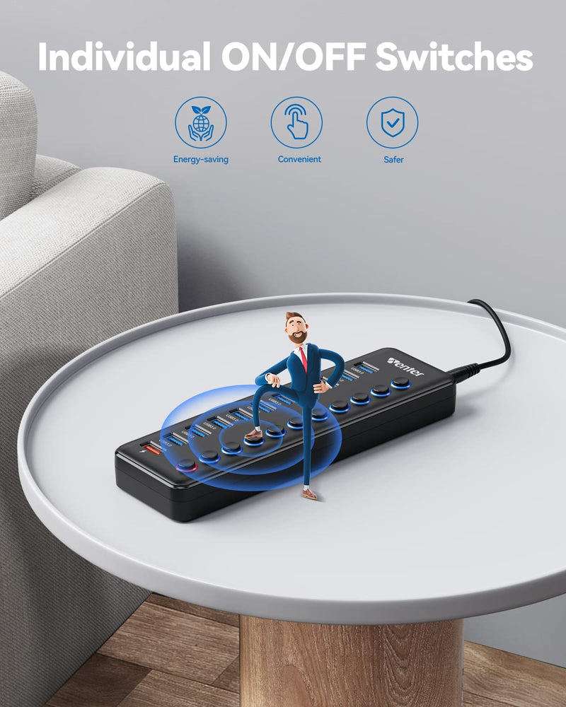 [Australia - AusPower] - Powered USB Hub, Wenter 11-Port USB Splitter Hub (10 Faster Data Transfer Ports+ 1 Smart Charging Port) with Individual LED On/Off Switches, USB Hub 3.0 Powered with Power Adapter for Mac, PC 10 USB 3.0 ports + 1 Charging port 