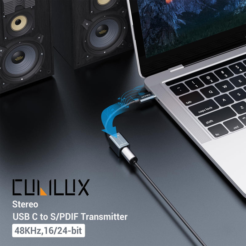 Cubilux USB to S/PDIF Transmitter for Music Playing, USB C to TOSLINK Output Adapter (Stereo Sound), USB Optical Audio Converter Suitable for iPhone 17/16/15 Series - Not for 7.1/5.1, NOT for TV