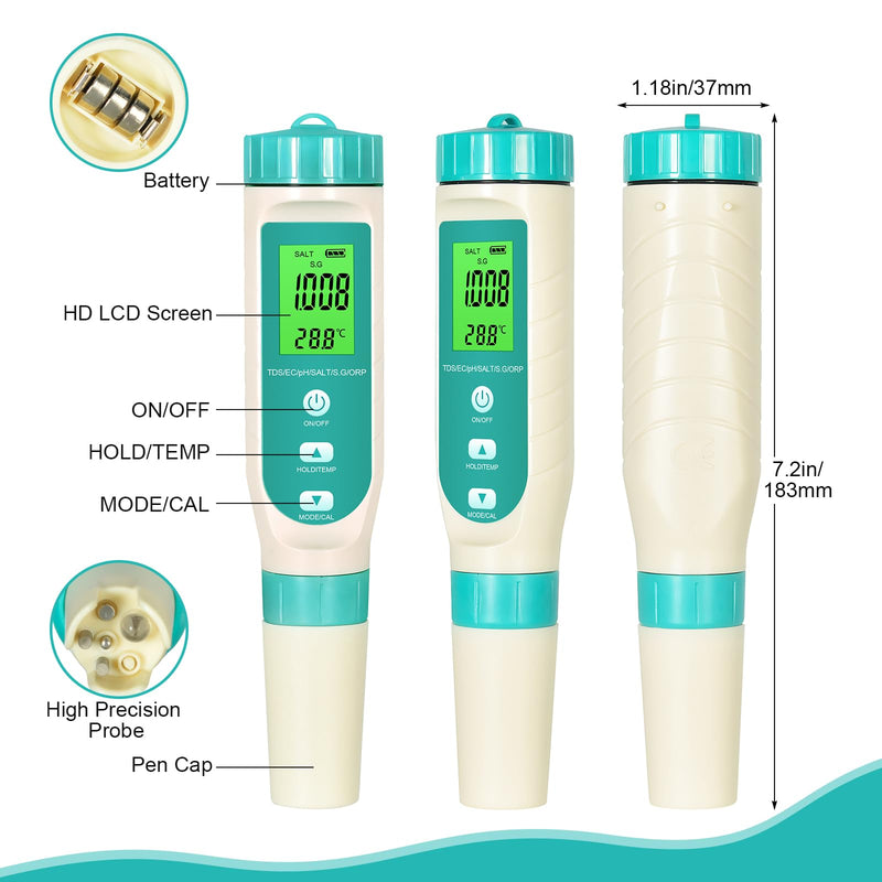 [Australia - AusPower] - PH/TDS/EC/ORP/S.G/Salinity/Temp Meter with Water Tester Pen PH Test Salinity Meter ORP Meter, 7 in 1 TDS Meter Digital Water Quality Tester for Drinking Water, Aquarium, Aquaculture Laboratory, Pool 